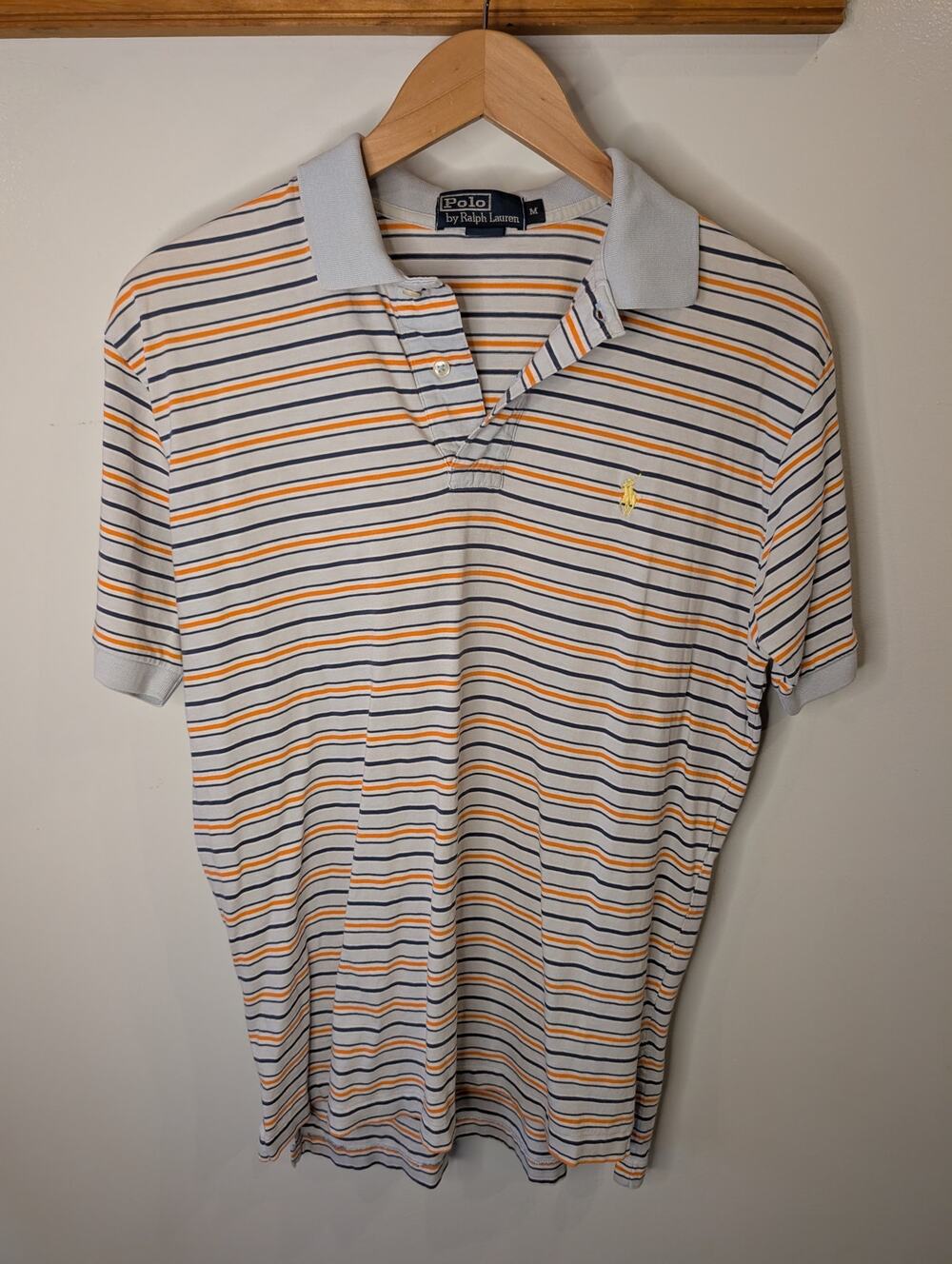 Polo Ralph Lauren Mens M Striped Polo Shirt Gray Navy Orange Pony Preppy Golf